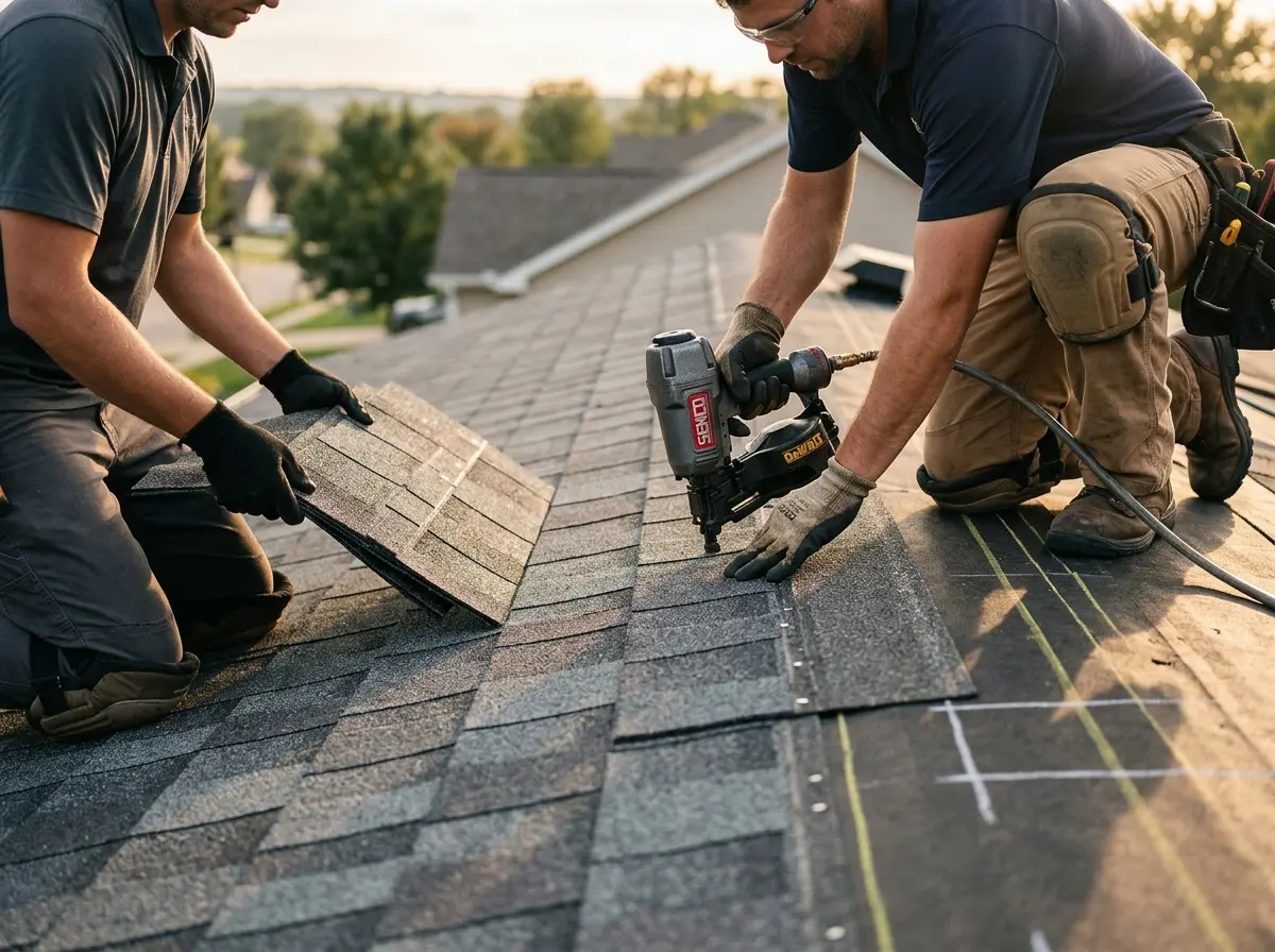 Professional roofer working on a residential roof in New Boston